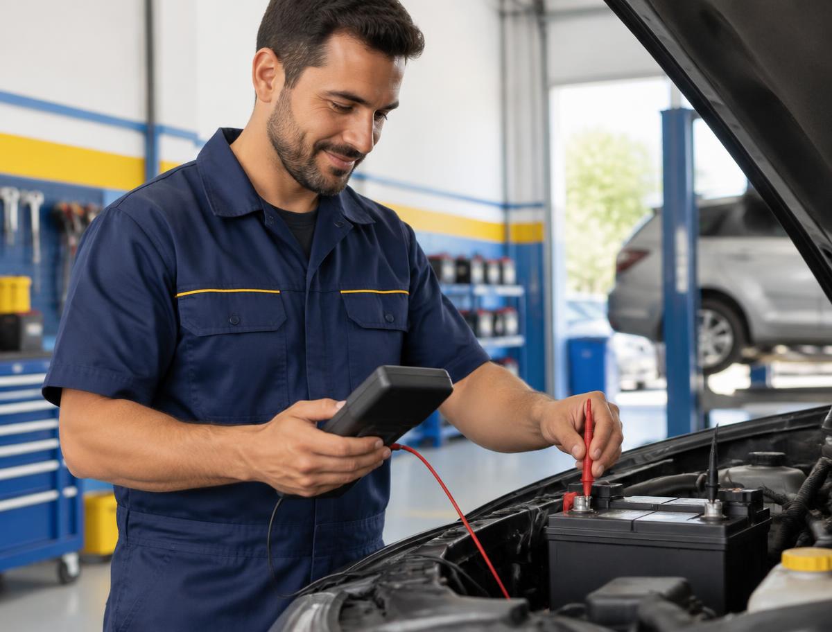 Especialista realizando diagnóstico da bateria de um carro